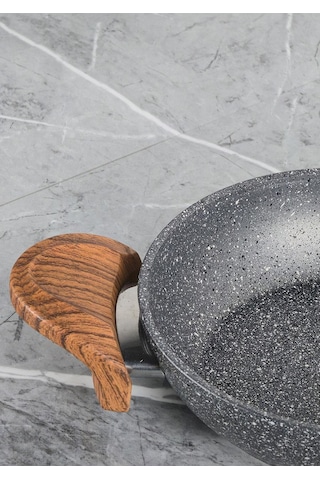 Granit Kaplama Sahan - Alüminyum Döküm, Ahşap Kulplu Sahan -18 Cm Gri
