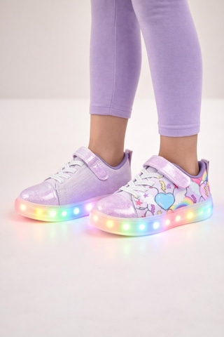Mini Bonito Kız Çocuk Desenli Işıklı Led Tabanlı Simli Cırt Cırtlı Sneaker Lila