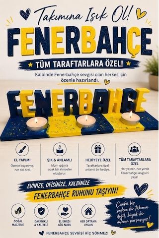 Sarı Lacivert Taraftar Temalı Dekoratif Mumluk Ve İsimlik Seti