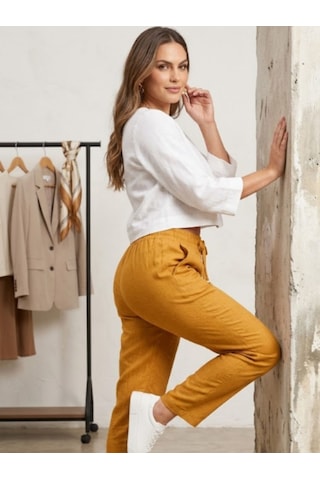 Know Kadın Hardal Keten Karışımlı Beli Lastikli Yazlık Havuç Pantolon