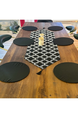 Siyah Desenli Runner Masa Örtüsü Dekoratif Supla Set 6130