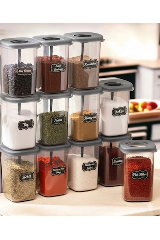 12'li 450ml Kilitlenebilir Kapaklı Kendinden Kaşıklı Baharatlık Seti 450ml 25 Adet Etiket Hediyeli Gri