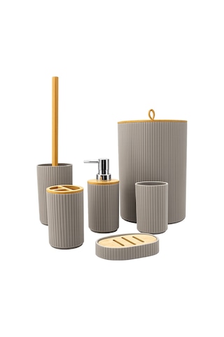 6 Lı Banyo Seti Sabunluk Diş Fırçalık Sıvı Sabunluk Çöp Kovası Tuvalet Fırçası Organizer Kahverengi