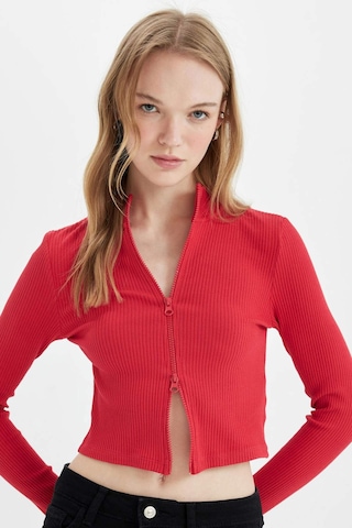 Defacto Fitted Dik Yaka Basic Düz Fermuarlı Fitilli Kaşkorse Crop Kırmızı Hırka D5124AX24AURD54 Kırmızı