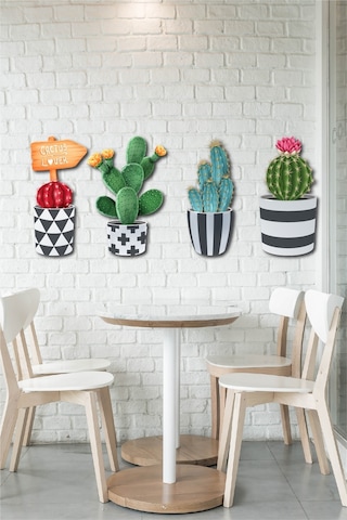No77Decor Ahşap Kaktüs Duvar Dekorasyon Seti 4 Parça