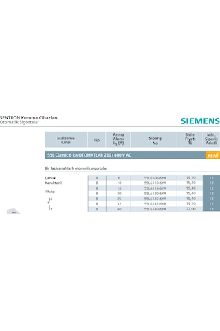 Siemens 20 Amper Otomatik Sigorta 5Sl6106-6Ya 6Ka