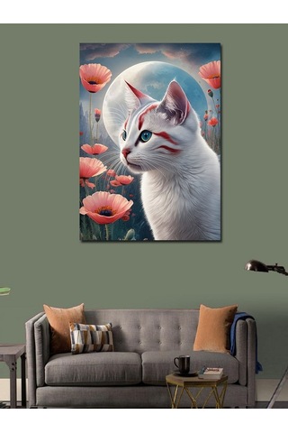 Kanvas Tablo Kedi Dolunay Ve Gelincik Çiçekleri 100cmx140cm