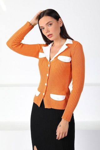 Ferraro Orange Gömlek Yaka Kadın Triko Hırka Turuncu