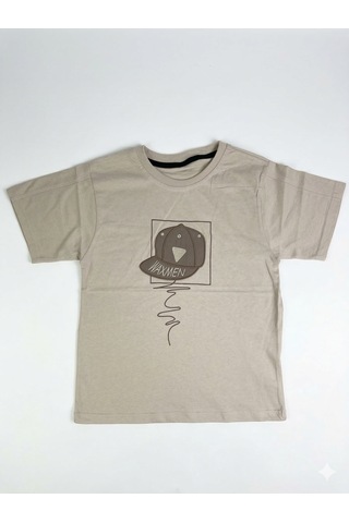 Erkek Çocuk Krem Şapka Baskılı Tişört - Grafik Desenli Pamuklu Kısa Kollu T-shirt Krem