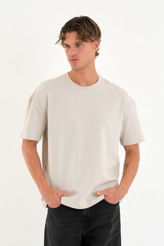 Blank Unisex Oversize Geniş Kesim Tişört %100 Pamuk Kalın Dokulu Bisiklet Yaka T-shirt Taş