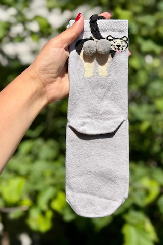 Lousocks Unisex Gri Dilini Çıkaran Köpek Desenli Ponpon Soket Çorap
