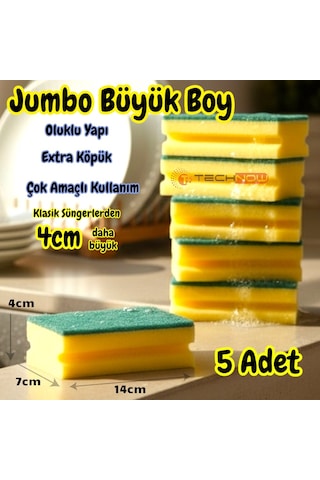 Technow Jumbo Büyük Boy Vip Kaliteli 14 X 7 Cm Oluklu Bulaşık Süngeri 5 Adet