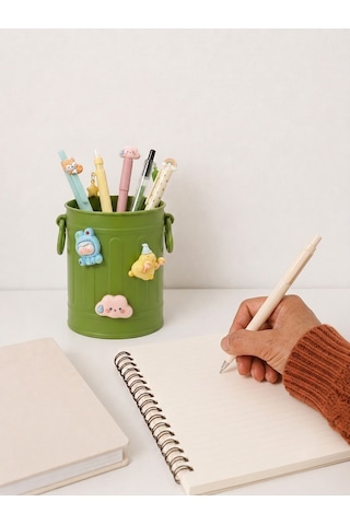 Sevimli Stickerlı Masaüstü Kalemlik Organizer - Yeşil