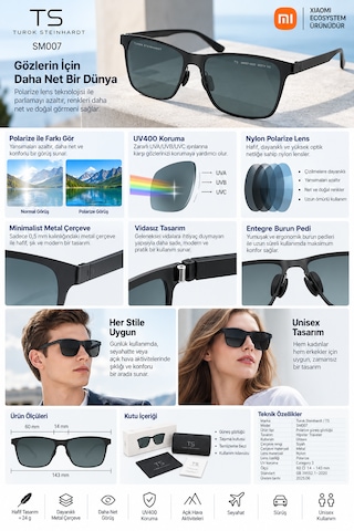 Xiaomi Ts Hipster Traveler Polarize Güneş Gözlüğü Nylon Polarize Lens Metal Çerçeve Hafif Kaliteli Siyah Unisex Sm007-0220