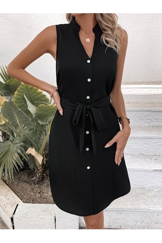 Bhrwear Kadın Kolsuz V Hakım Yaka Önü Düğmeli Belden Kuşaklı Kısa Aerobin Elbise Renkli