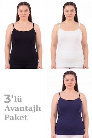 Arma Yıldız Kadın Büyük Beden İp Askılı Atlet Pamuklu Likralı Yumuşak Esnek Kumaş 3'lü Paket Siyah Beyaz Lacivert