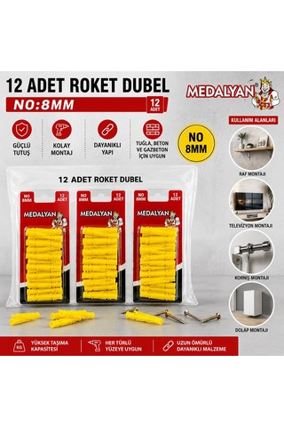 Medalyan Dl-86 Roket Dübel 8 Mm Sarı Plastik - 12 Adet- 12'li Paket Diğer