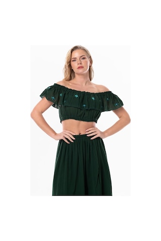 Eliş Şile Bezi Lavinya Vual Lastik Detaylı Nakışlı Yazlık Crop Bluz Yeşil Ysl-yeşil Yeşil