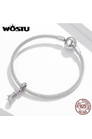 Wostu Parlak Cam Terlik 925 Ayar Gümüş Topuklu Pembe Kalp Zirkon Kolye Charm Fit Orijinal Bilezik Takı Gümüş