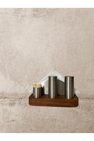 Tuzluk Karabiberlikli Peçetelikli Set 304 Kalite Ahşap Ireco Çelik