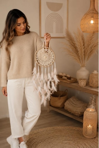 Led Işıklı Düş Kapanı Pudra Beyaz Tüylü Bohem Duvar Süsü 22 Cm El Yapımı Dream Catcher Deniz Kabuklu