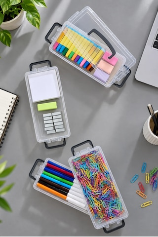 4 Katlı Kapaklı Kilitli Çekmece Düzenleyici Organizer Ofis Saklama Kutusu Maktaj Kutusu Şeffaf