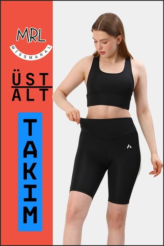 Kadın Siyah Takım Alt-üst Kısa Şort-tayt Ve Pedli Sporcu Büstiyer 2li Set Beyaz Biyeli Siyah Beyaz