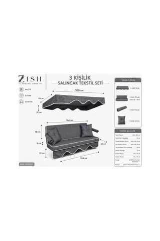 Zishtekstil Keten Kumaş Süngerli Gölgelikli 3 Kişilik Salıncak Minderi 8 Cm Gri