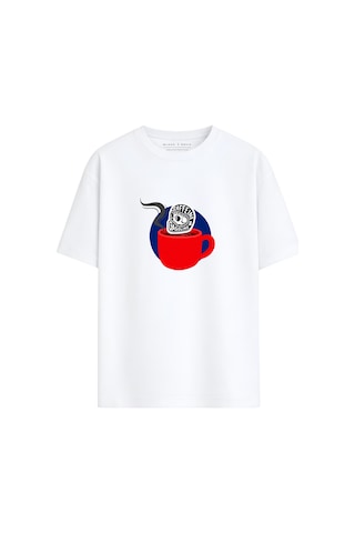 Black Nova Oversize Baskılı Unisex %100 Pamuk T-shirt Caffeine Beyaz