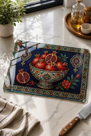 Gökçeoğlu Cam Kesme Tahtası Otantik Nar Motifi Temalı - Cam Kesme Tablası 30cm X 40cm Çok Renkli