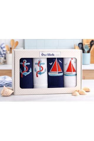 Özdilek Deniz Temalı 4 Lü Nakışlı Mutfak & El Havlusu Seti 40x60 Cm %100 Pamuk Ultra Yumuşak, Yüksek Emicilik, Şık Hediye Kutulu 4 Renk