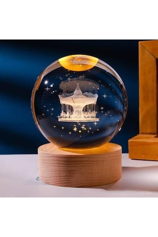 3d Kristal Cam Küre Ahşap Kaideli Gece Lambası - Atlıkarınca