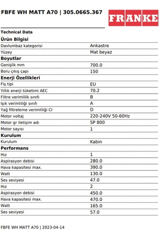 Franke FBFE WH MATT A70 Matte Davlumbaz