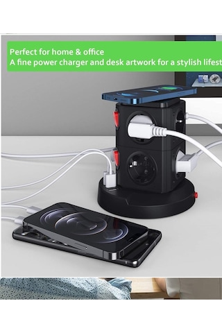 Termal Akım Korumalı Kablosuz Şarj 3 USB 8 Priz 1x Wireless Uzatma Kablosu