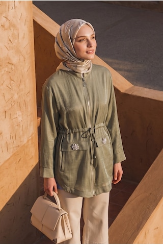 Armine Trend Beli Büzgülü Süs Cep Detaylı Tunik Küf Yeşili 26yt424