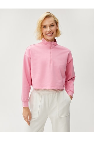 Koton Crop Sweatshirt Yarım Fermuarlı Dik Yaka Pembe 3sak10196ek Gülkurusu