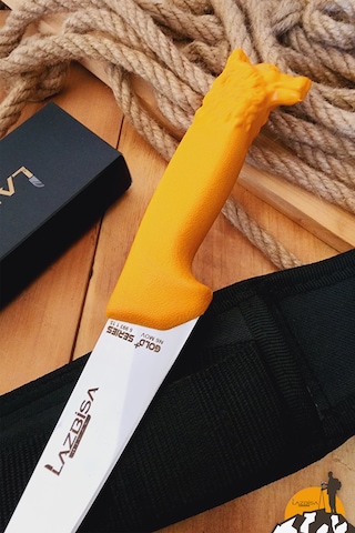 İşlemeli Tpe Sap Outdoor Kamp Bıçağı Çakısı Kılıflı Kmi-544 Sarı