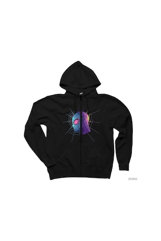 Spiderman Spider Web Siyah Fermuarlı Kapşonlu Sweatshirt Siyah
