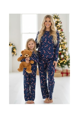 Siyah İnci %100 Pamuklu Puanlı Şeker Baston Desenli Yılbaşı Temalı Örme Pijama Takım Lacivert Puanlı Baston