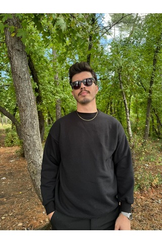Erkek Oversize Bisiklet Yaka Basic Sweatshirt SIYAH