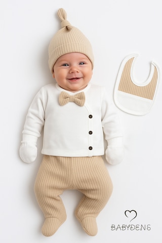 Babyden's Erkek Bebek Hastane Çıkışı 5'li Takım %100pamuk Ribana Kumaş Papyonlu Zıbın, Şapka,eldiven,önlük,alt Bej
