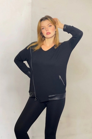 Yandan Fermuarlı Suni Deri Detaylı Bluz Siyah