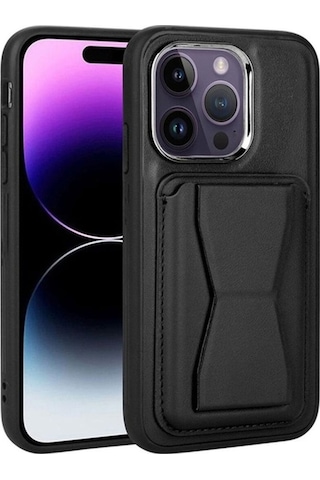 Apple Uyumlu iPhone 14 Pro Max Kılıf Kartlıklı Standlı Pu Deri Zore Memo Kapak Siyah
