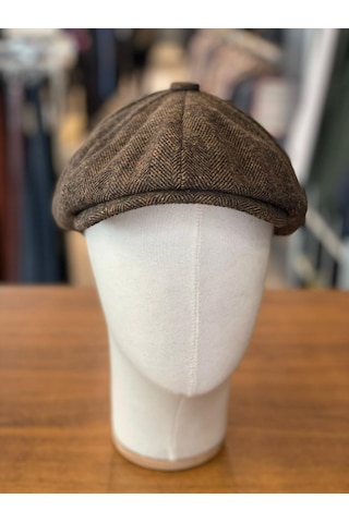 Hamze Peaky Blinders Tarz İngiliz Model Balıksırtı Desen Kaşe Kumaş Kasket Şapka Kırmızı Kahverengi