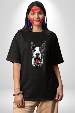 Doberman Kırmızı Dil Siyah Dik Kulak Pamuklu Bisiklet Yaka Kadın Erkek Oversize Boyfriend Dijital Baskılı Siyah T-shirt Siyah