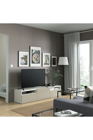 Tv Sehpası, Beyaz-parlak Cila-bej, 180x42x39 Cm, Selsvıken, Çıt Çıt Raylı Beyaz