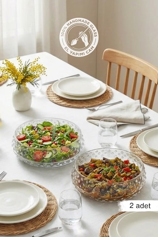 Selen Concept Bubble Model Büyük Boy El Yapımı Cam Salata Ve Sunum Kasesi 2li Set