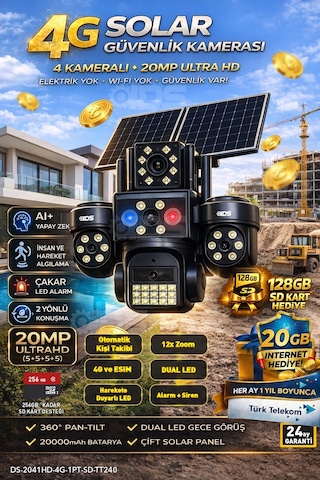 4 Lens 20mp Sim Kartlı Güneş Enerjili Güvenlik Kamerası 240gb İnternet Ve 128gb Sd Kart