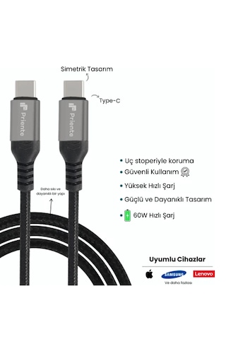 Priente Pd60cc 60w Örgülü Type-c To Type-c Hızlı Data/şarj Kablosu 1.5 Metre Priente Türkiye li