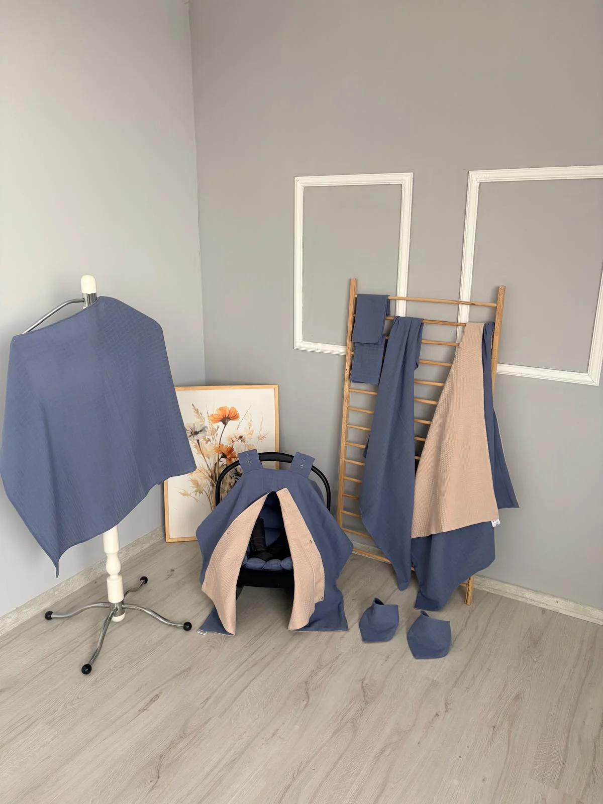 %100 Pamuk 9 Parça Çift Taraflı İndigo Muslin Vizon Pike Set İndigo